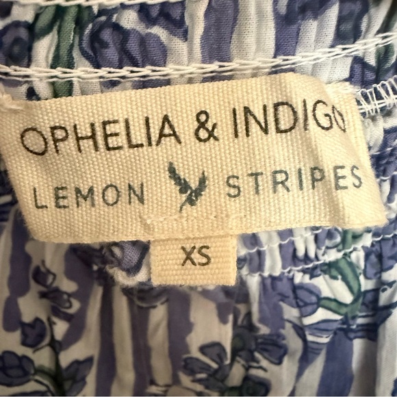Ophelia & Indigo Mary Top XS Blue Stripe Floral Smocked Puff Sleeve - Picture 7 of 8